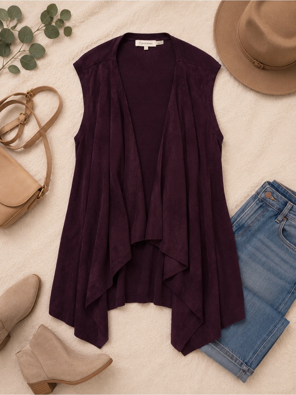 Calvin Klein Open Front Drape Vest Cardigan Burgundy 3X Plus Size Excellent Cond